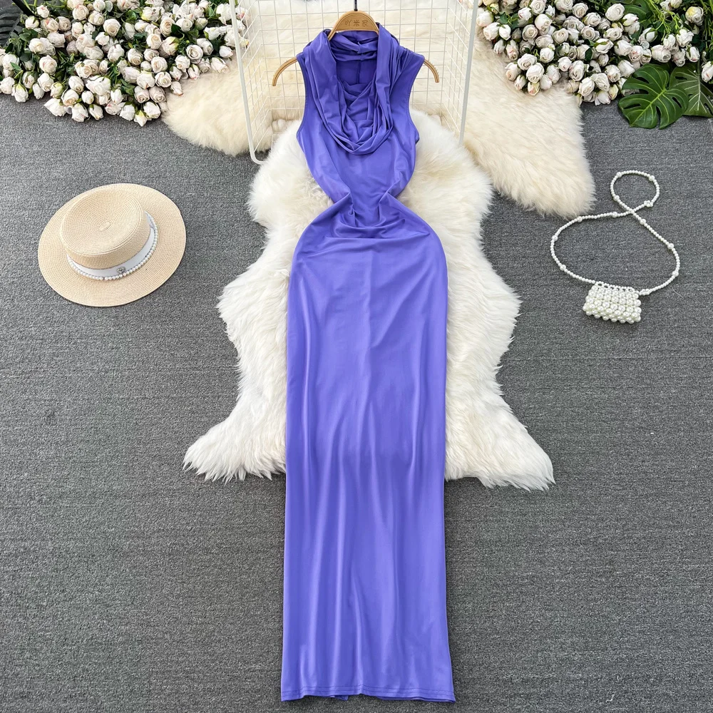 

Casual Women Summer Sleeveless Bodycon Maxi Dress Robe Femme 2023 New Solid Swinging Collar Slim Fit Back Split Long Streetwear