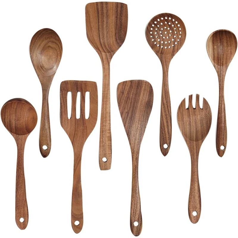 

Wooden Utensils For Cooking Made From Natural Teak Wood - Luxury 8 Pcs Kitchen Utensil Set