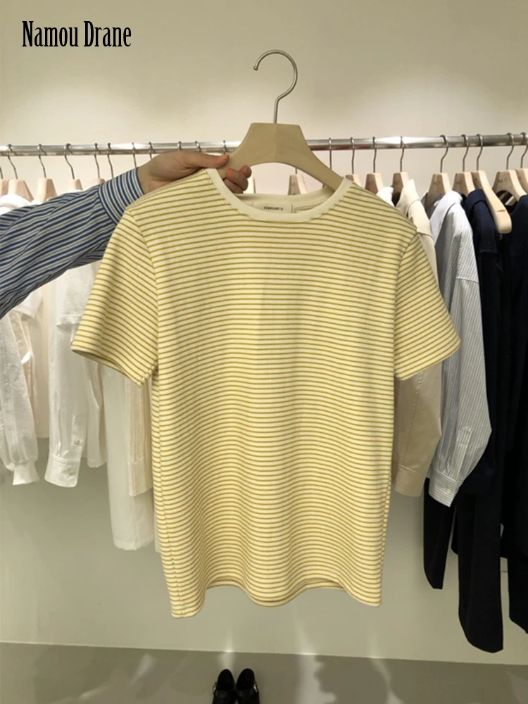 

Namou Drane Summer 2022 Korean Version of The New Round Neck Loose Slimming Temperament Stripe Short Sleeve T-shirt