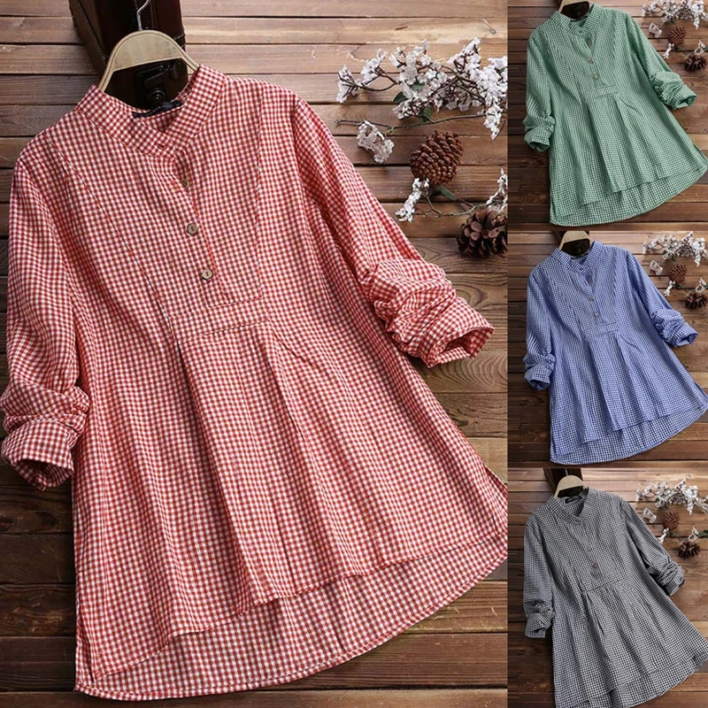 

Fashion Women's Shirts Fall Casual Plaid Shirts Stand Collar Button Tops and Blouse Long Sleeve Solid Loose Pullover