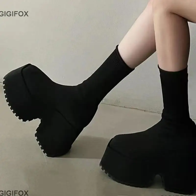 

GIGIFOX Platform Boots For Women Med Calf Slip On Knitted Fashion Chunky Wedge Boots Goth Fashion Punk Autumn Summer Shoes 2023