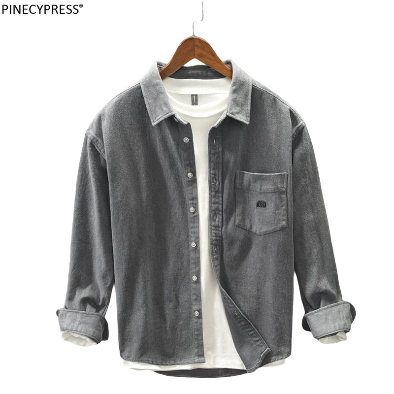 

100% Cotton Spring Autumn Man Casual Brushed Shirt Single Breasted Male Clothing Turn Down Collar Plain Long Sleeve Men Shirt