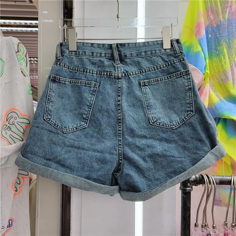 Women's Summer 2023 New Women's Short Pants Exquisite Rhinestone High Waist Slimming and Wide Leg Denim Shorts for Lady