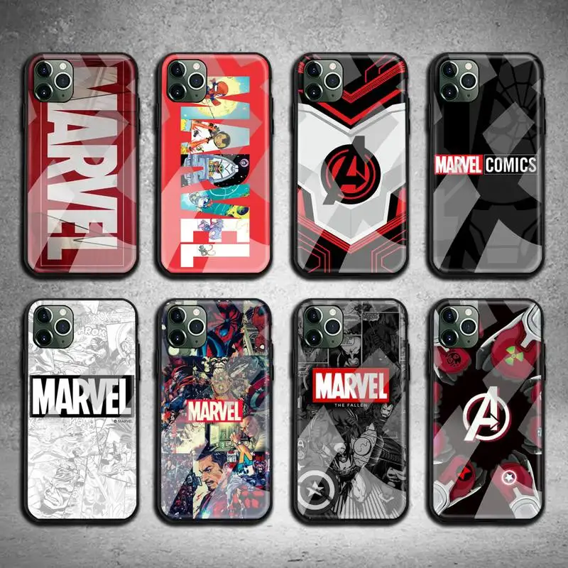 

Marvel Logo Phone Case Tempered Glass For iPhone 13 12 11 Pro Mini XR XS MAX 8 X 7 6S 6 Plus SE 2020 cover