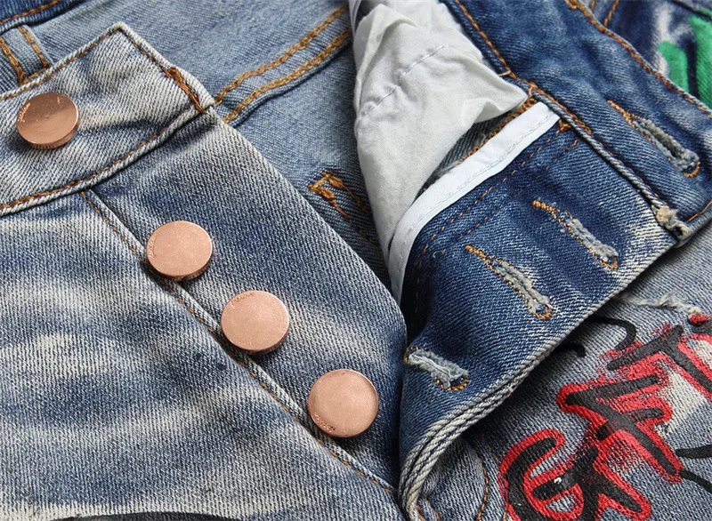 New Denim Mens Pants Punk Trend Retro Blue Broken Hole Slimming Stretch Printing and Dyeing Mens Jeans