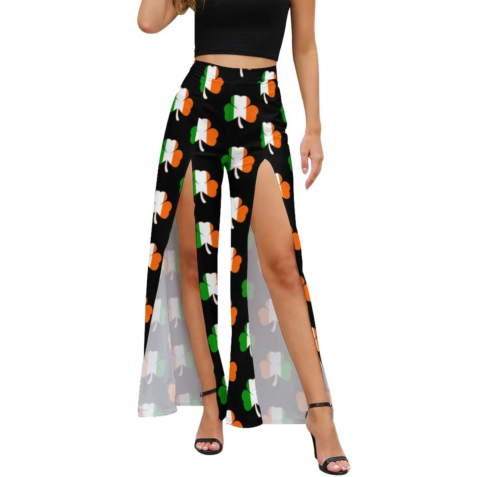 

Happy St Patricks Day Pants Summer Funny Shamrock Night Club Wide Leg Pants Women Slit Beach Graphic Trousers