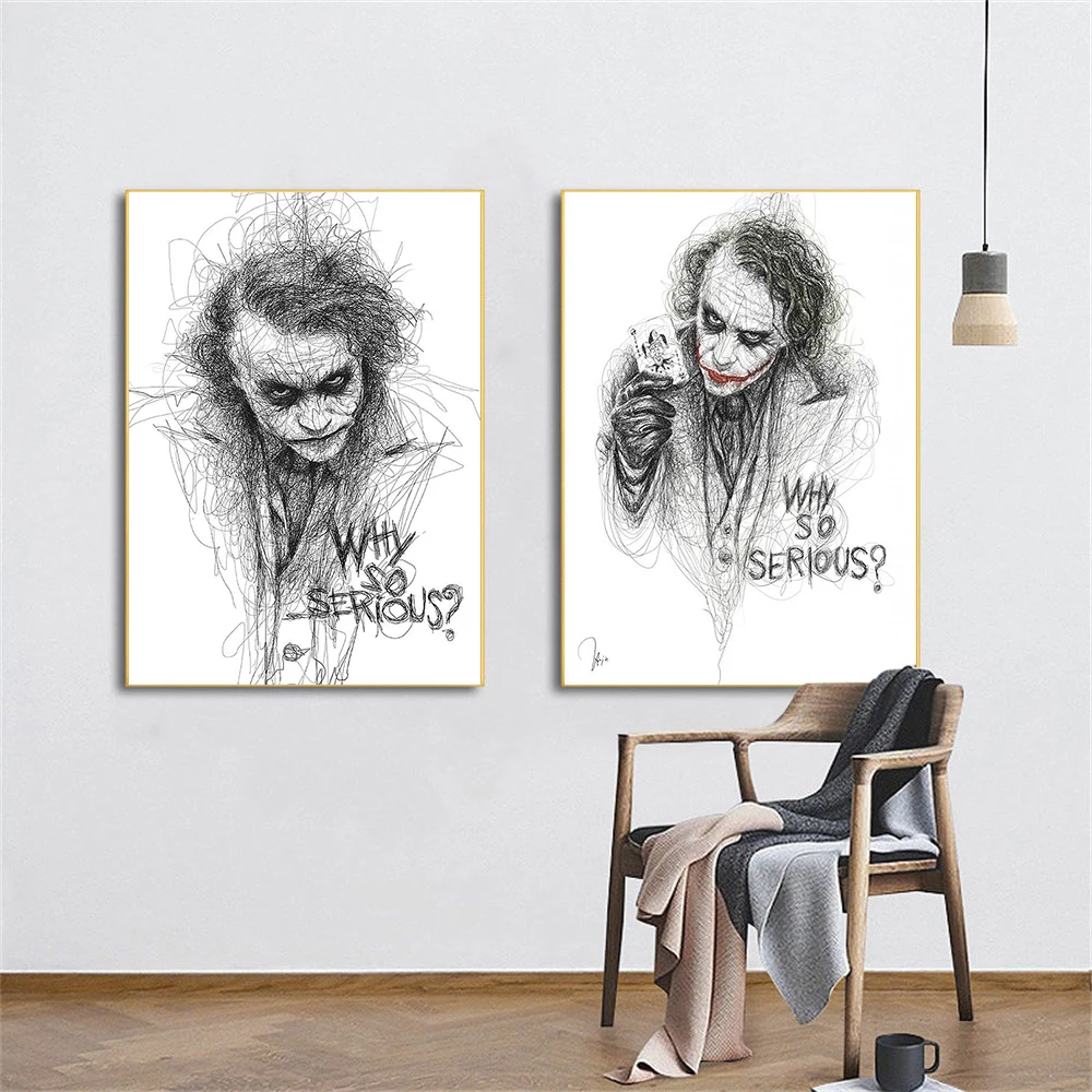 

Abstract Movie Star Joker Comic Sketch Canvas Painting Why So Serious Quotes Poster Prints Wall Art Picture Room Home Decor