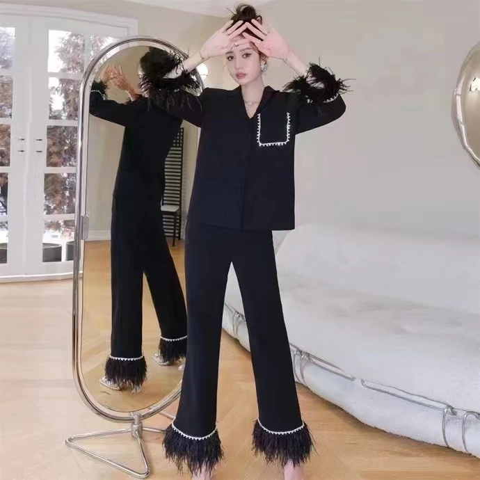 

Runway Vintage Two Piece Pants Suits Women Jacket + Wide Leg Pants Tassel 2pcs Outfits Short Suit Coat Dress White
