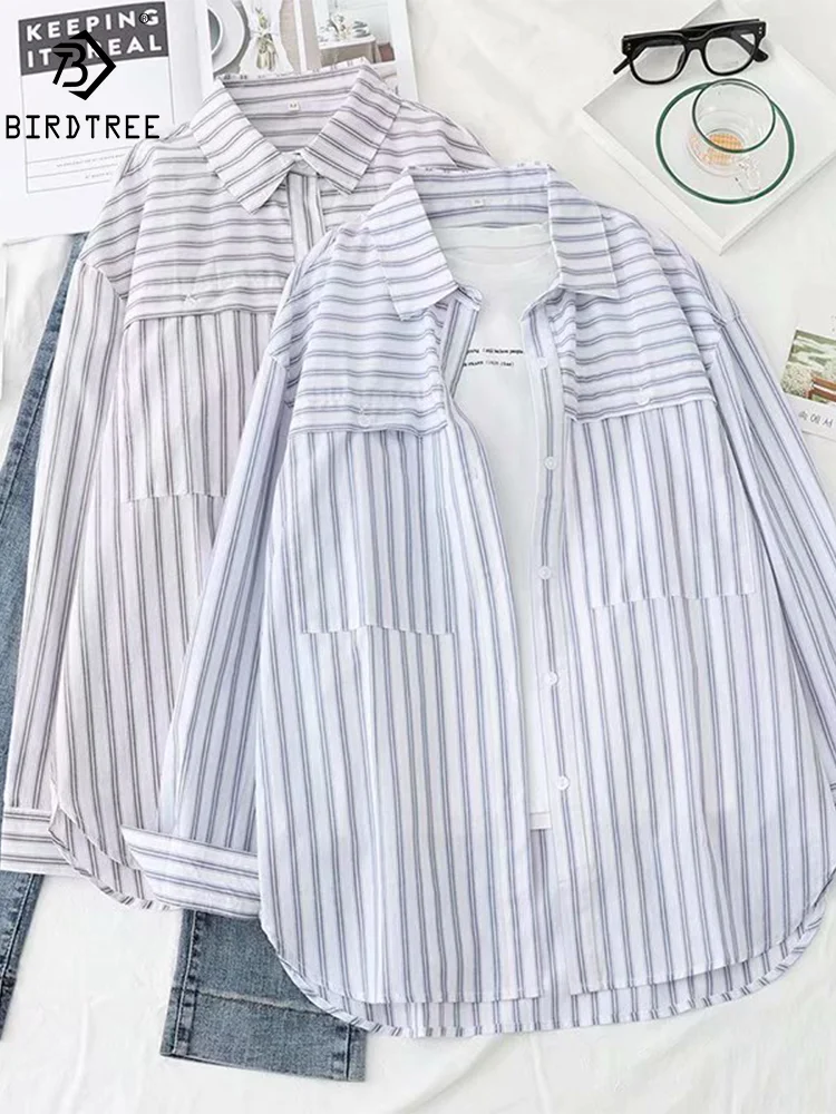 Летняя хлопковая рубашка с длинным рукавом топы в полоску отложным воротником