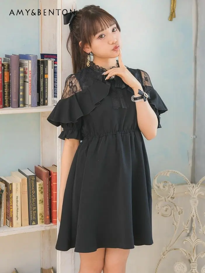 Japanese Single Rojita Dress Women Summer Loose Slimming Ruffled Doll Collar Short Sleeve Dress Lolita Commuter Short Dresses