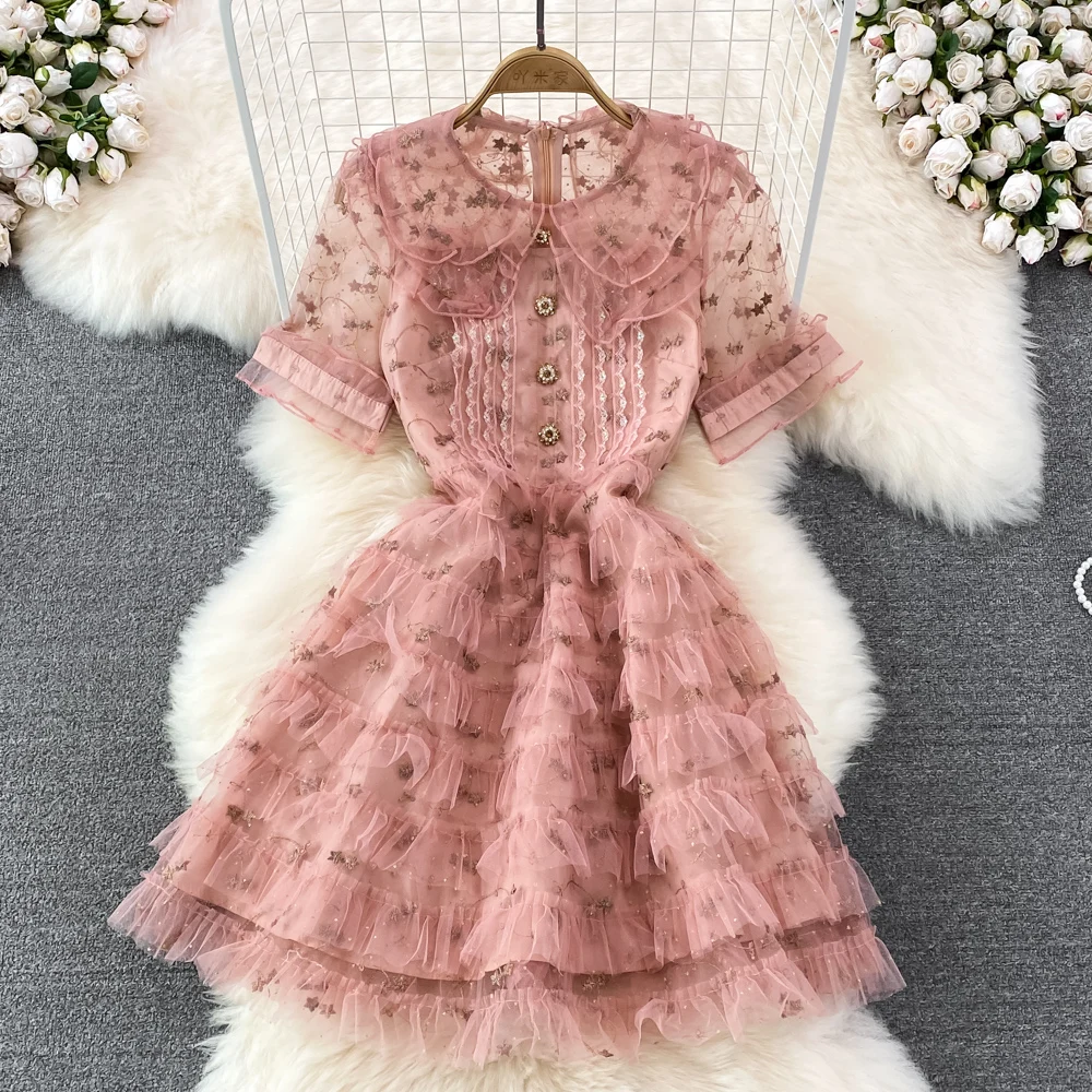 Light Luxury Temperament High-end Embroidery Doll Collar High Waist and Thin A-line Layered Lotus Leaf Lace Cake Dress