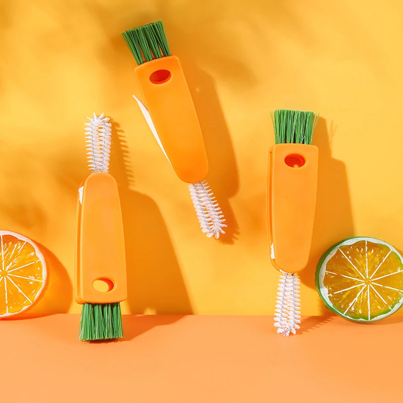 

2Pcs/Pack Kitchen Multifunctional Carrot Shape Three-in-One Cup Brush Cup Lid Slit Brush Milk Bottle Cleaning Brushes