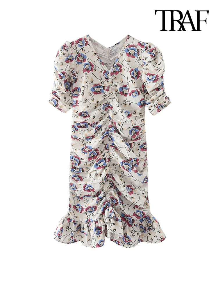 

TRAF Women Fashion With Ruffled Floral Print Pleated Mini Dress Vintage V Neck Puff Sleeves Female Dresses Vestidos Mujer