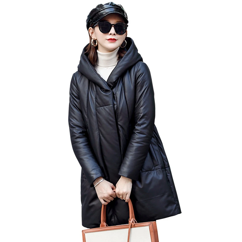 

Real Sheepskin Leather Suede Down Hoody Coat Women Warm Jacket Outerwear Overcoat LF2344BM