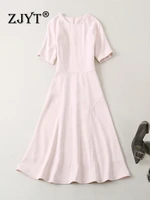 zjyt elegant designer short sleeve brief pink dress party women vestidos 2022 new fashion solid aline casual robe femme
