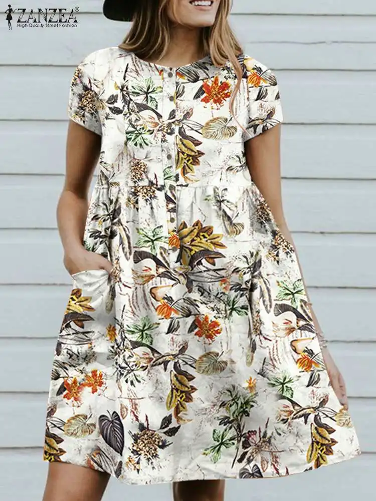 

Women Fashion Printed Floral Knee Length Dress ZANZEA Holiday Beach Vestidos Vintage O Neck Short Sleeve Robe Bohemian Sarafans