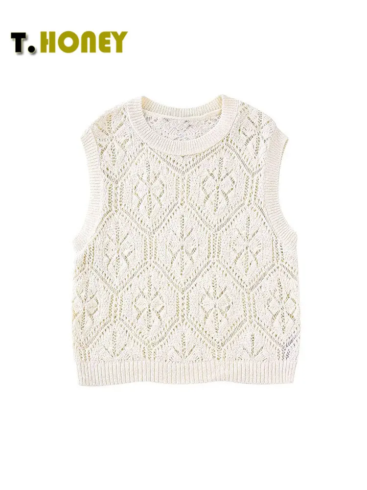 

TELLHONEY Women Fashion Solid O-Neck Jacquard Mesh Knit Sweater Vest Female Autumn Casual Sleeveless Pullover Chic Tops
