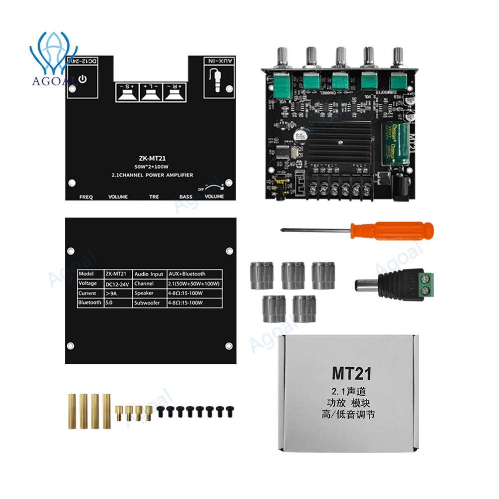 

ZK-MT21 TPA3116 2.1 Channel Bluetooth 5.0 Subwoofer Amplifier Board 50WX2+100W Power Audio Stereo Amplifier Board Bass AMP AUX