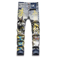 hip hop punk style skull printed jeans trousers ripped streetwear harakuju denim pants for male high street