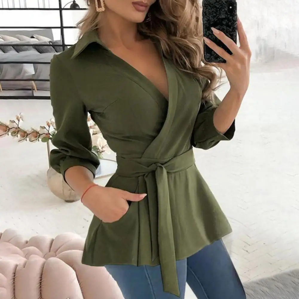 

Fashionable Printed Shirt Geometric Print Women's Office Shirts with Belted Slim Fit Lapel V-neck Stylish Workwear with Long