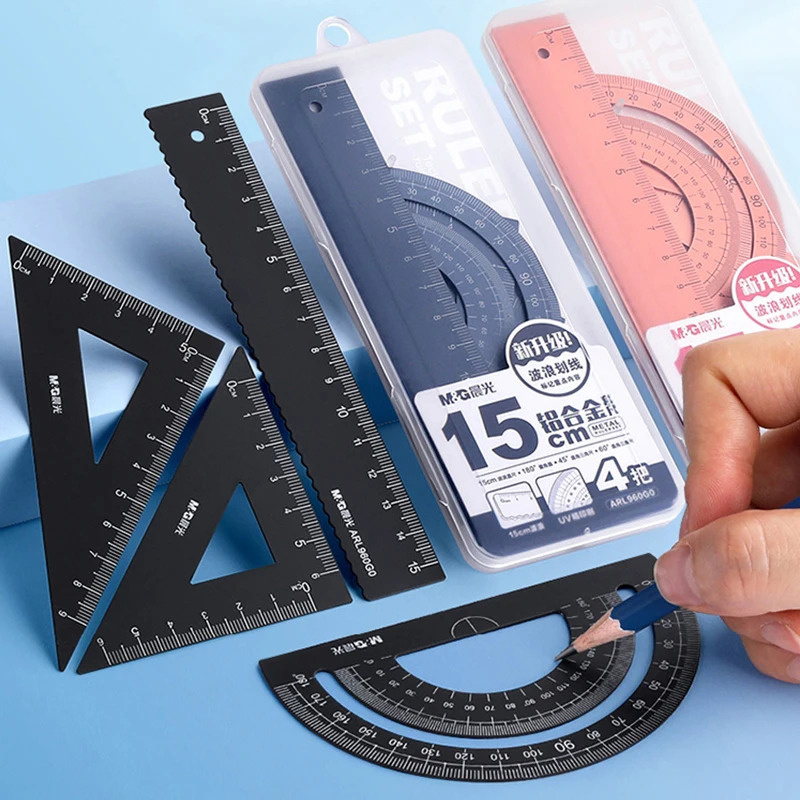 

4Pc/Set Metal Ruler Set Aluminum Alloy Student School Stationery Supplies Straightedge Triangle Ruler Protractor Drawing