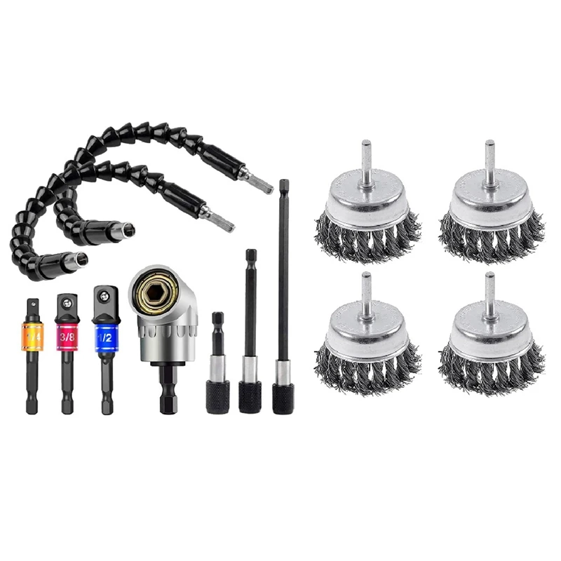 

1 Set Flexible Drill Extension Hex Shank Nut Driver Bit Set & 1 Set Wire Cup Knotted Brush With 1/4-Inch Round Shank