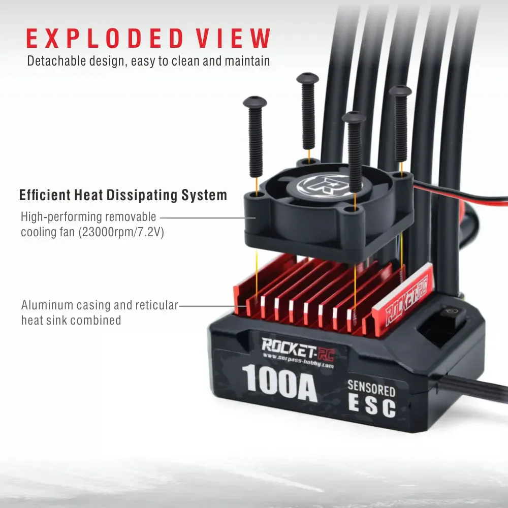 Фото Бесщеточный электронный регулятор скорости UniFlyROCKET-RC 100A ESC с датчиком, 2-3S, для радиоуправляемых дрифт-машин 1/10, 380/390/540, с датчиком, бесщеточный №5