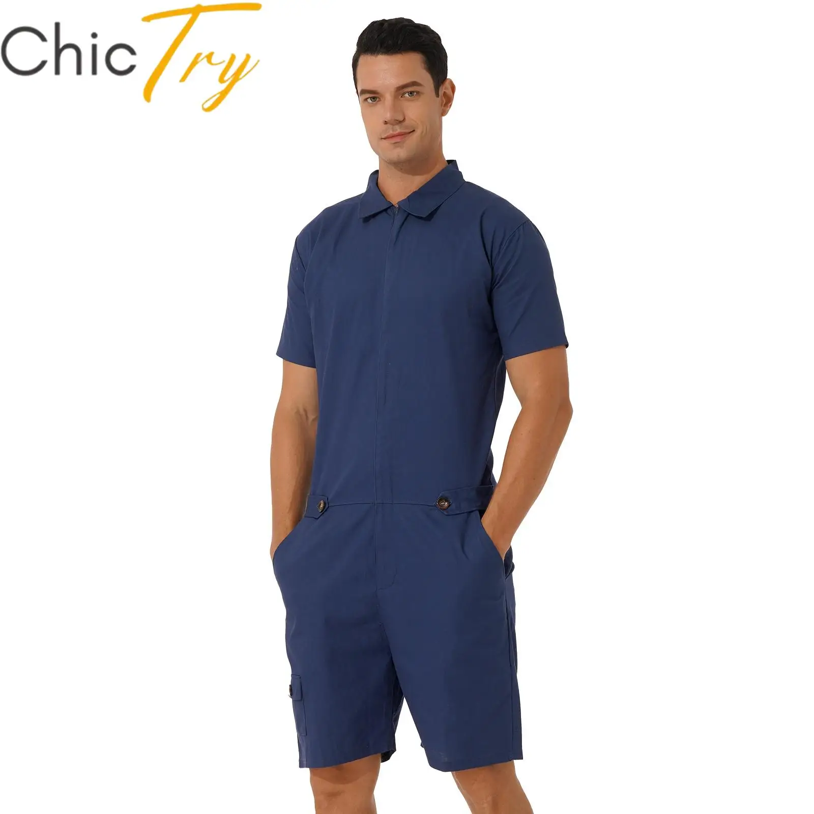 

Men's Casual Jumpsuit Turn-down Collar Zipper Rompers Body Suits Daily Wear Short Sleeve One-piece Overall Coverall with Pockets