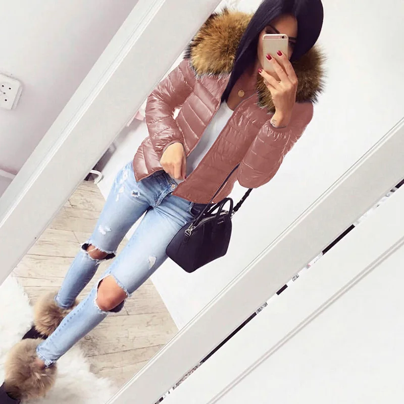 Solid Women Down Jackets Winter Warm Thick Fur Collar Hooded Short Jacket Fleece Coat Female Plush Cotton Slim-Fit Outerwear