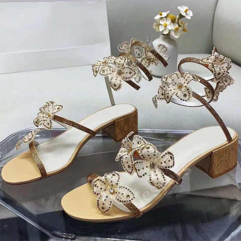 

2022 Fairy Shoes New Lace flower High-heeled Sandals Women Snake Type Rhinestones Catwalk platform Sandals Banquet Wedding Shoes