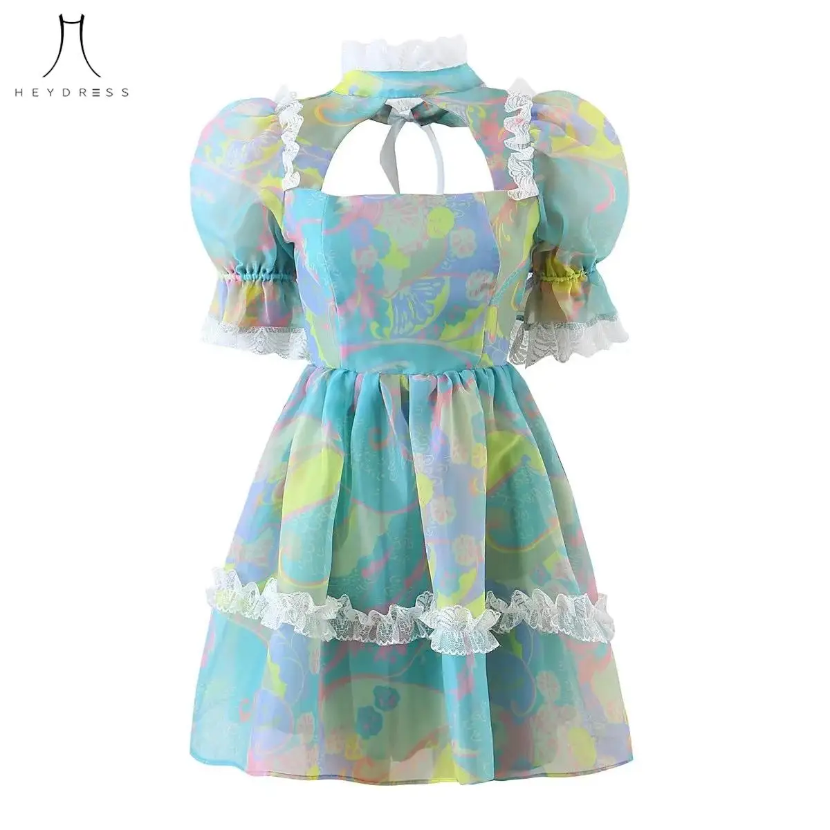 Кружевное платье с длинным рукавом-фонариком и оборками |