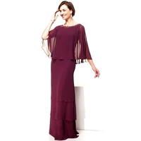 new plum mother of the bride dresses a line wrap cape chiffon o neck beading half sleeve wedding party evening lady apparel gown