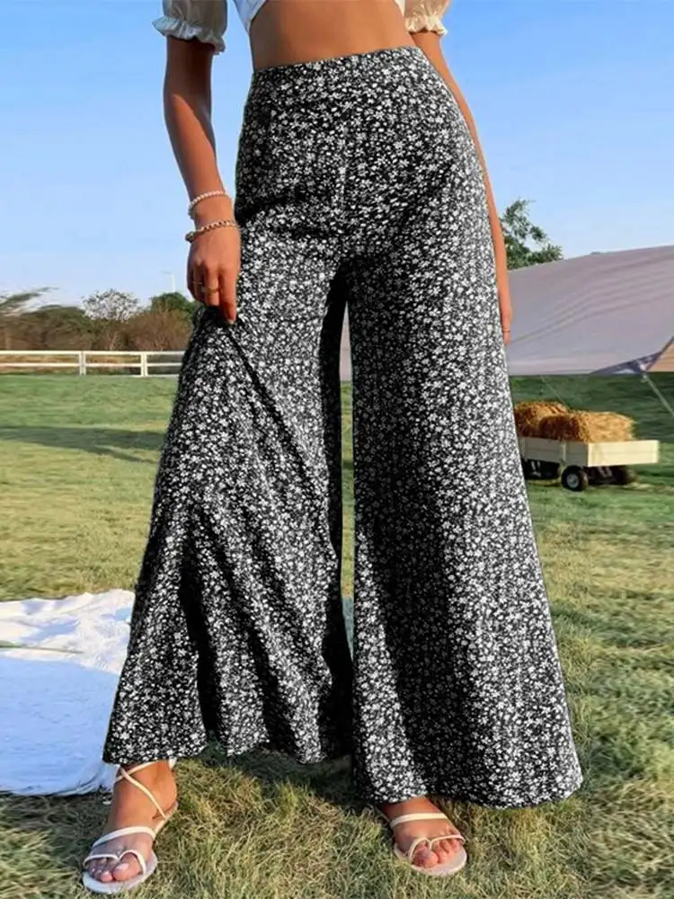 

Bohemian High WaistFloral Printed Trousers 2022 ZANZEA Summer Women Wide Leg Pants Casual Holiday Loose Palazzo Beach Pantalon