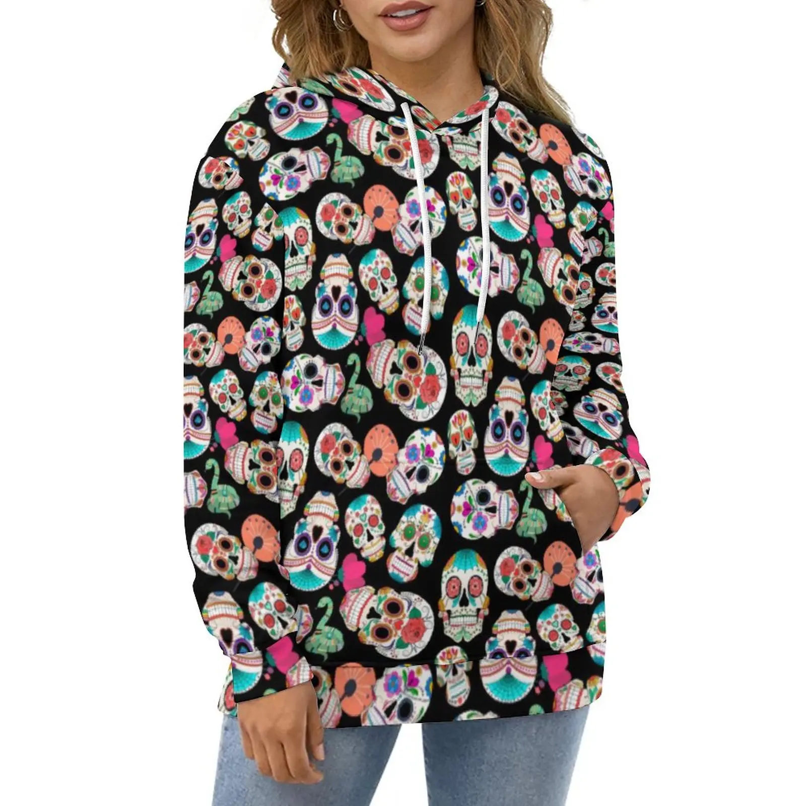 

Colorful Sugar Skull Hoodies Women Retro Skeleton Classic Casual Pullover Hoodie Long-Sleeve Aesthetic Design Hooded Sweatshirts