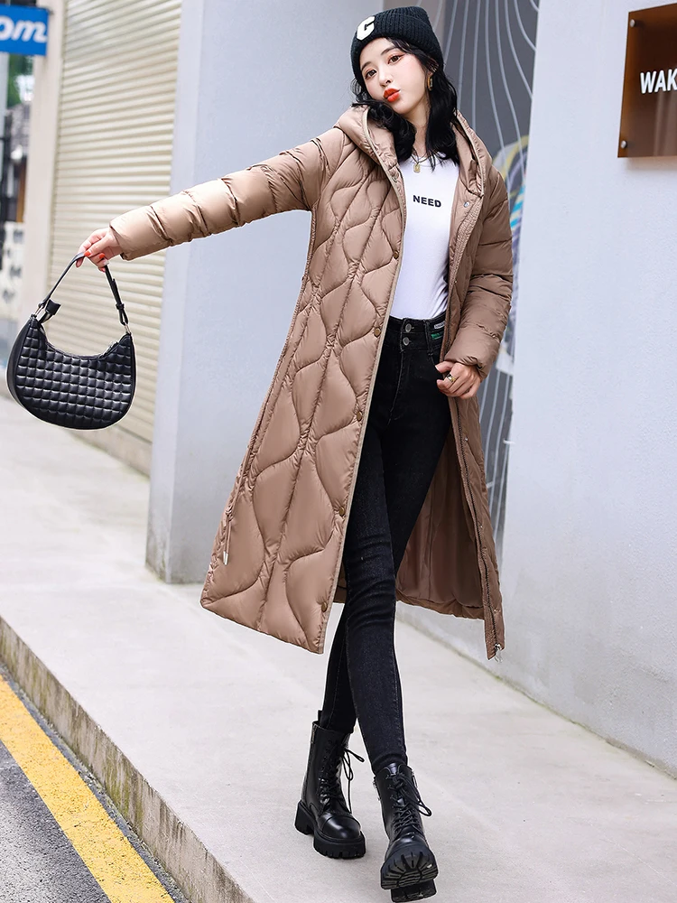 New 2023 Winter Coat Women Elegant Thick Warm Loose Harajuku Jacket Hooded Solid Long Parka Female Overcoat Outerwear with Belt