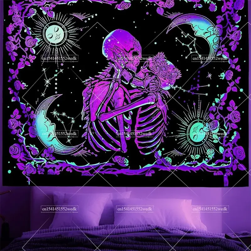 Гобелен с черепом Blacklight The Kissing Lover Пара Скелет Черный Свет Светящийся в темноте Noen