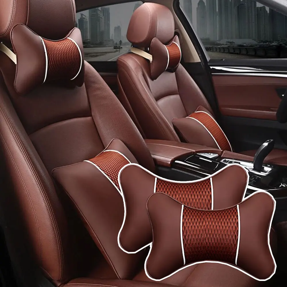 

2Pcs PU Leather Knitted Car Pillows Headrest Neck Rest Cushion Support Seat Accessories Auto Black Safety Pillow Universal Decor