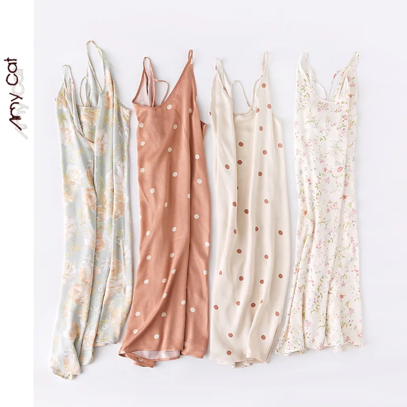 2022 Summer Satin Pajama for Women Sling Nightdress Print Cross-back Nightgown Fit Elegant Ladies Sleepwear Woman Sleep Dress