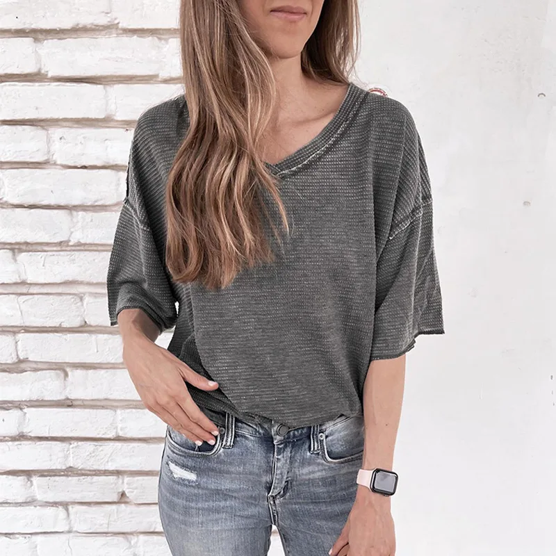 

Best-Selling 2023 Solid Color Loose Top Women's Summer New Waffle Half Sleeve Shrug T-shirt Women