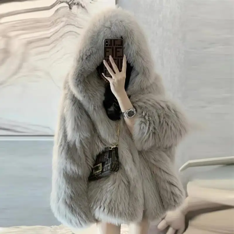 2022 New Warm Faux Fur Coat Long Sleeve Women Hooded Winter Faux Fur Jacket Outerwear Femme