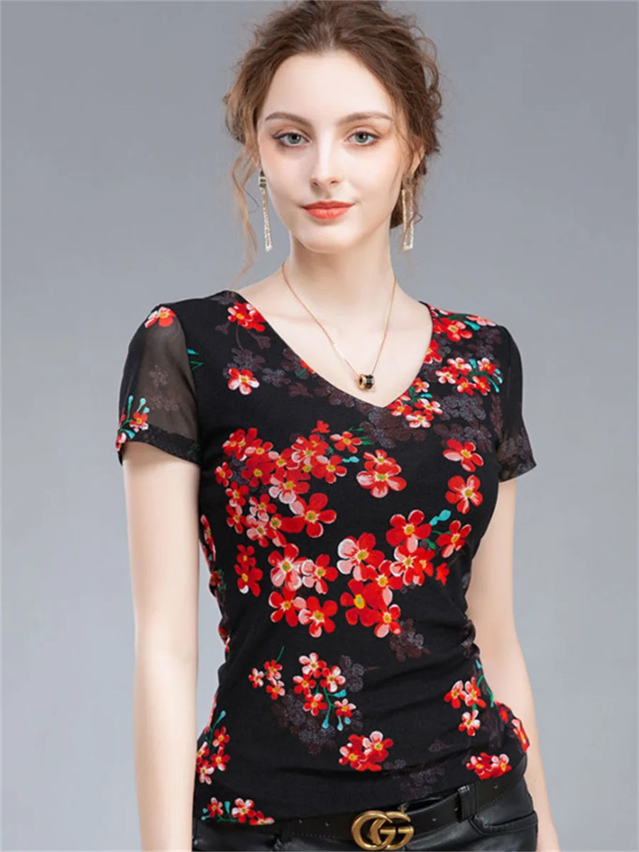 Женская весенне-летняя блузка с V-образным вырезом и цветочным принтом g2192 4XL