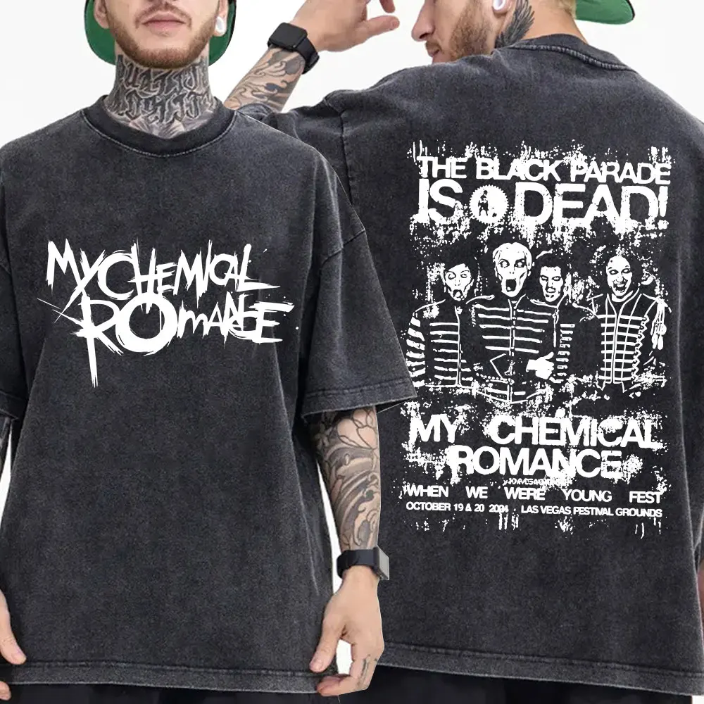 Фото Винтажная стираная футболка My Chemical Romance Punk Band The Black Parade Is Dead Футболки для мужчин и женщин Готическая хлопковая футболка большого размера №1