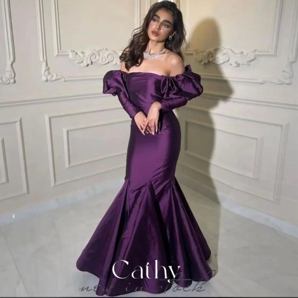 

Женское платье с юбкой годе Cathy, элегантное фиолетовое платье с длинным рукавом и открытыми плечами, шелковое платье для выпускного вечера, 2023