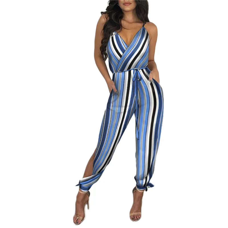 

Women Spaghetti Strap Mixed Print Slit Leg Jumpsuit Sexy V-Neck Jumpsuits for Women 2021 Club Outfits Rompers