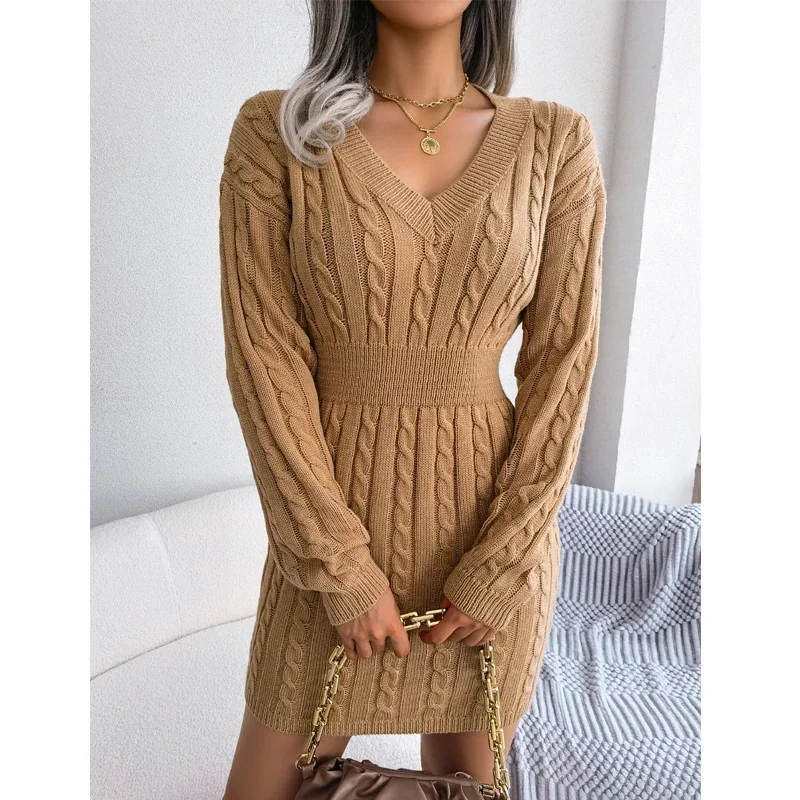 

Fashion Casual Long Sleeve V Neck Mini Dresses Knittes New Sexy Sweater Dress for Women Winter Female Pullover Clothing 24235