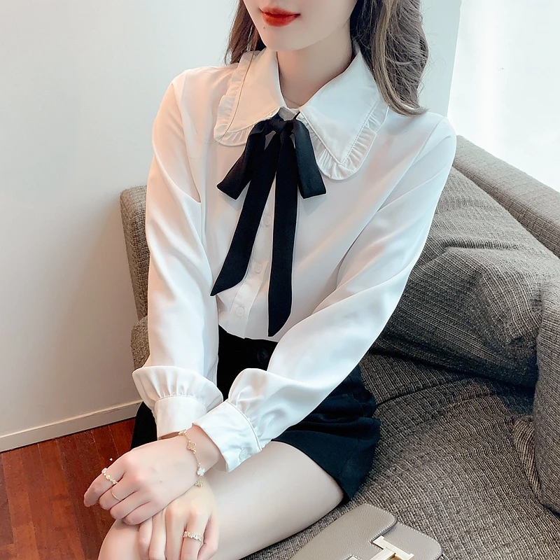 

Fashion Tops Ladies Bow Neck Women's Clothing Tops Autumn Basic Wear Elegant Single Breasted Button Shirts Blouse Women 980i