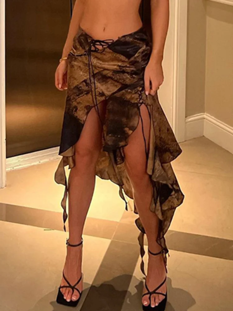 

Irregular Midi Skirt Mesh Gyaru Clothes Splice Gothic Style Vintage Women's Clothes Split Korean Streetwear Y2k Festival Outfit