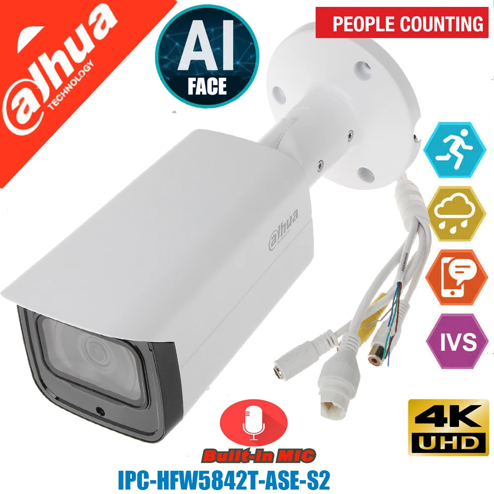 

Dahua International Version 8MP 4K POE AI face Bullet Camera IPC-HFW5842T-ASE-S2 People Counting Bullet WizSense Network Camera