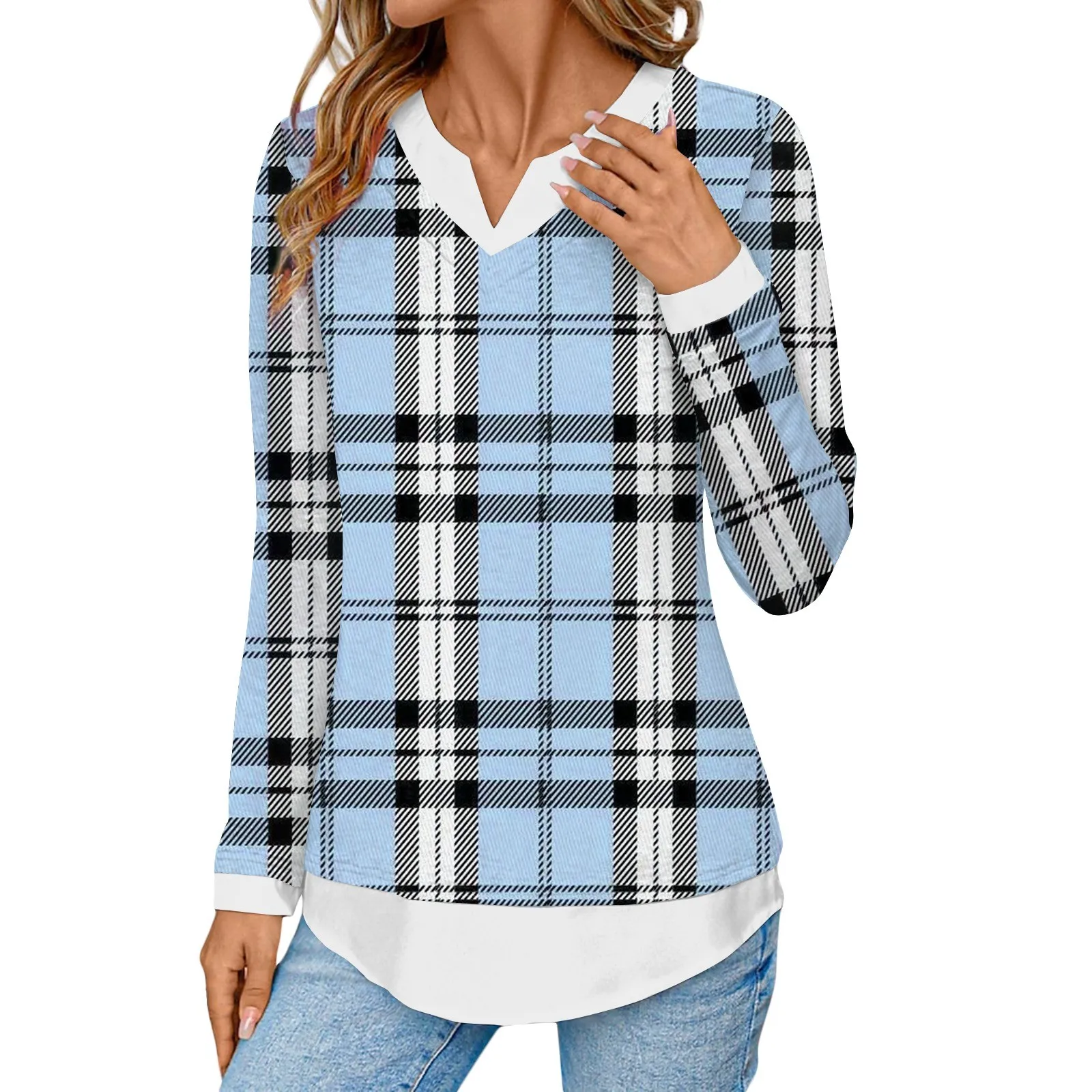 Женский топ с V-образным вырезом имитация двух предметов клетчатый Топ длинным