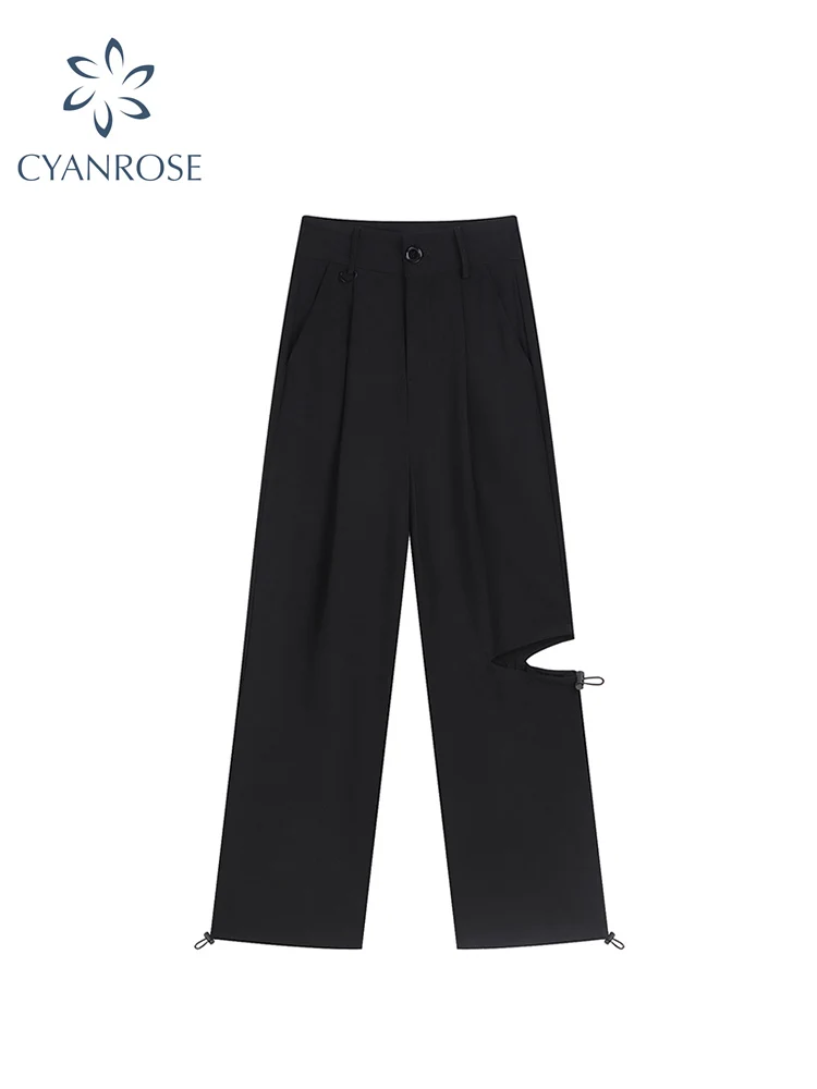 

Women Vintage Black High Waist Casual Cargo Pants Fashion Streetwear Gothic Y2K Female Trousers Straight Baggy Ripped Pants 2022